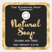 ロゴ付きナチュラルソープラベル – ブラック&金ゴールドフォイル スクエアシール (正面)