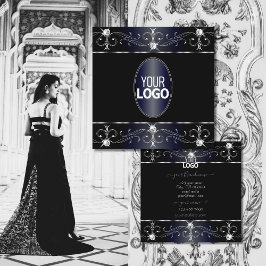 ロゴ付きブラックブルー華美オーナメント スクエア名刺