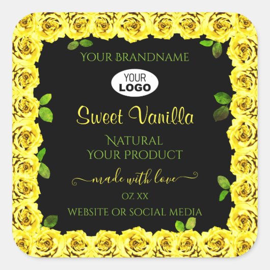 ロゴ付きブラックプロダクトラベルの黄色いローズフレーム スクエアシール (正面)