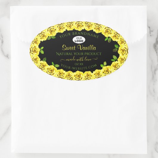 ロゴ付きブラックプロダクトラベルの黄色いローズフレーム 楕円形シール (バッグ)
