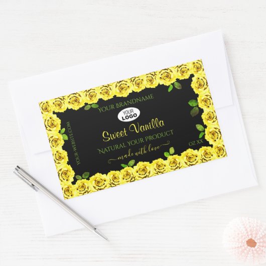 ロゴ付きブラックプロダクトラベルの黄色いローズフレーム 長方形シール (封筒)