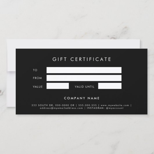 ロゴ付きブラックミニマリストのギフト証明書 (裏面)