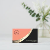 ロゴ付きブラック&コーラル金ゴールドデコール&QRコード 名刺 (スタンド正面)