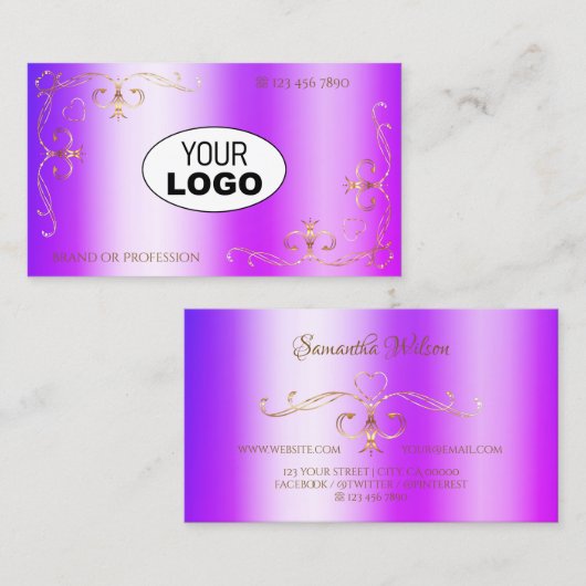 ロゴ付きブルーパープルシミ華美メリー金ゴールドコーナー 名刺 (正面/裏面)