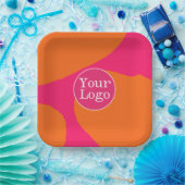 ロゴ付きホットピンクとオレンジの抽象芸術パターン ペーパープレート (パーティー)