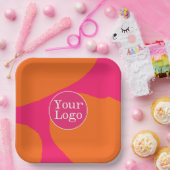 ロゴ付きホットピンクとオレンジの抽象芸術パターン ペーパープレート (パーティー)