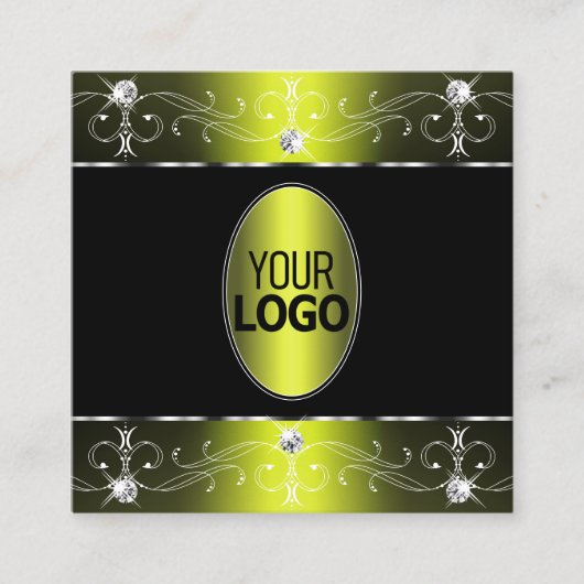 ロゴ付きラグジュアリー華美なブラックイエローオーナメント スクエア名刺 (正面)
