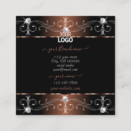 ロゴ付きラグジュアリー華美なブラックブラウンオーナメント スクエア名刺 (裏面)