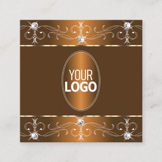 ロゴ付きラグジュアリー華美ブラウンオレンジオーナメント スクエア名刺 (正面)