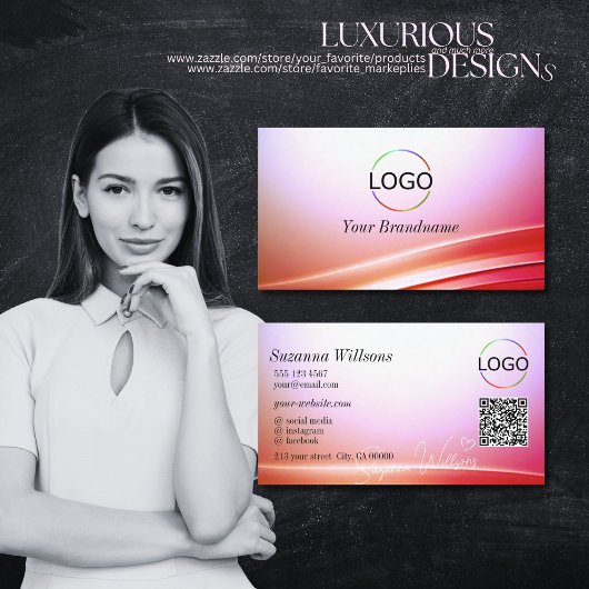 ロゴ付きラブリーピンク薄紫曲線デコールQRコード 名刺