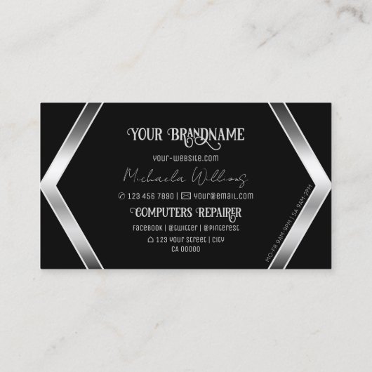 ロゴ付き印象的な黒い幾何学銀のきらめく 名刺 (裏面)