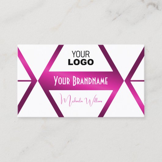 ロゴ付き派手な白い幾何学模様ピンク 名刺 (正面)