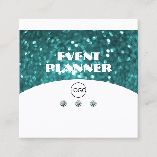 ロゴ付き派手な白とティール（緑がかった色）きらめくグリッター スクエア名刺 (正面)