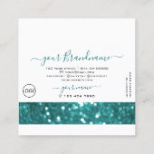 ロゴ付き派手な白とティール（緑がかった色）きらめくグリッター スクエア名刺 (裏面)