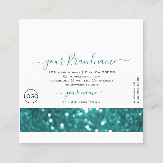 ロゴ付き派手な白とティール（緑がかった色）きらめくグリッター スクエア名刺 (裏面)