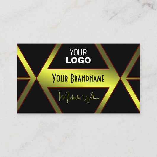 ロゴ付き派手な黒いジオメトリックイエローきらめく 名刺 (正面)