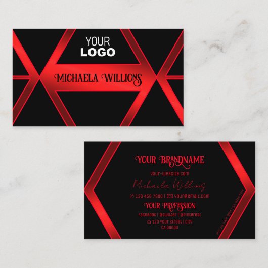 ロゴ付き派手な黒い幾何学模様カッコいい赤 名刺 (正面/裏面)