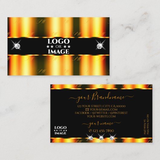 ロゴ付き発光オレンジきらめく色ブラックダイヤモンド 名刺 (正面/裏面)