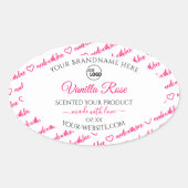 ロゴ付き白およびピンクのワードクラウド製品ラベル 楕円形シール (正面)