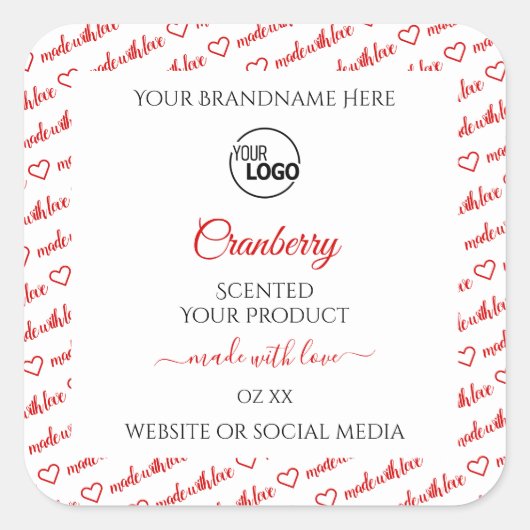 ロゴ付き白および赤のワードクラウド製品ラベル スクエアシール (正面)