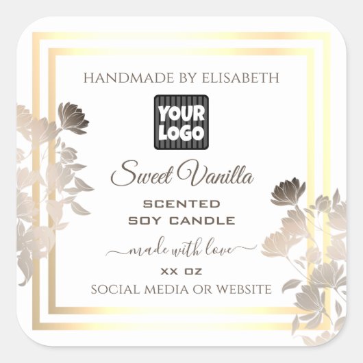 ロゴ付き白および金ゴールド製品パッケージングラベル スクエアシール (正面)