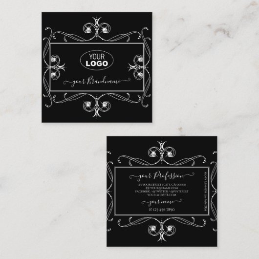 ロゴ付き白黒の輝く宝石オーナメント スクエア名刺 (正面/裏面)