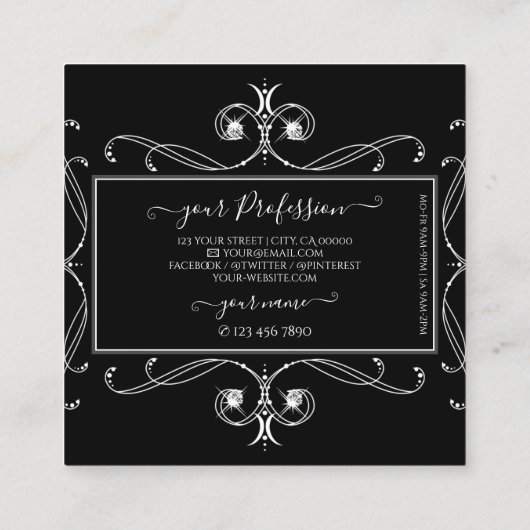 ロゴ付き白黒の輝く宝石オーナメント スクエア名刺 (裏面)