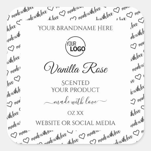 ロゴ付き白黒ワードクラウド製品ラベル スクエアシール (正面)