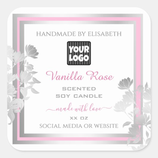 ロゴ付き製品パッケージラベル白シルバー スクエアシール (正面)