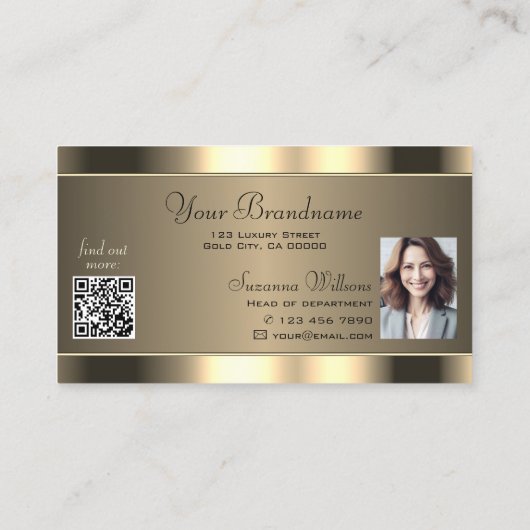 ロゴ付き豪華な金ゴールドブラウンQRコードと写真 名刺 (裏面)