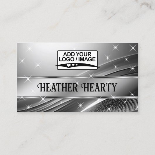 ロゴ付き高級液状シルバーグレー鋼きらめく 名刺 (正面)