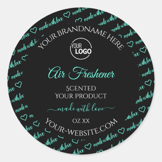 ロゴ付き黒とティール(緑がかった色)のWordクラウド製品ラベル ラウンドシール (正面)