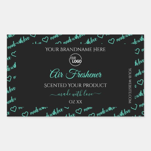 ロゴ付き黒とティール(緑がかった色)のWordクラウド製品ラベル 長方形シール (正面)