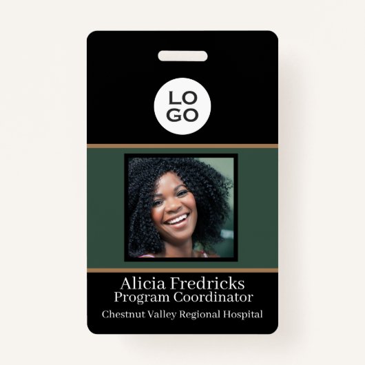 ロゴ付き黒と緑の従業員の写真ID バッジ (正面)