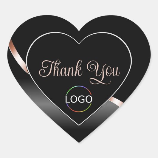 ロゴ付き エレガント ブラック ウェーブ ローズゴールド ありがとう ハートシール (正面)