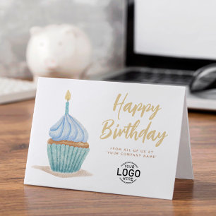 ロゴ企業のかわいいソフトブルーカップケーキ誕生日 カード