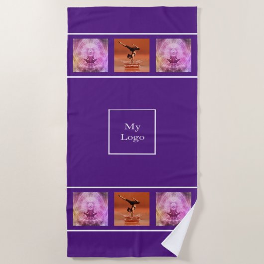 ロゴ企業の紫の写真コラージュ ビーチタオル (正面)