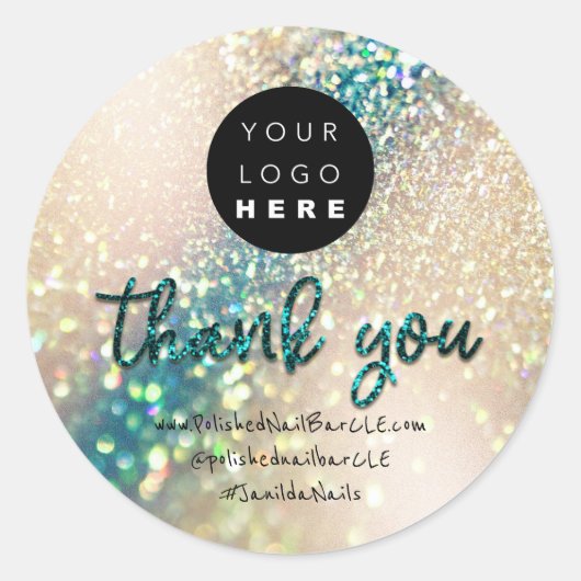 ロゴ会社名感謝ショッピングティール（緑がかった色）Pearly ラウンドシール (正面)