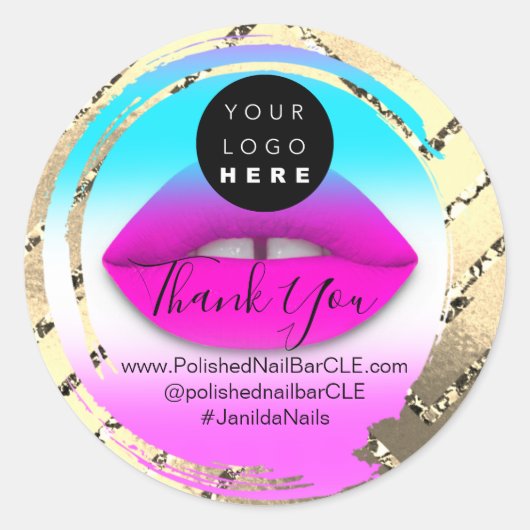 ロゴ会社名感謝ショッピング金ゴールドピンクリップ ラウンドシール (正面)