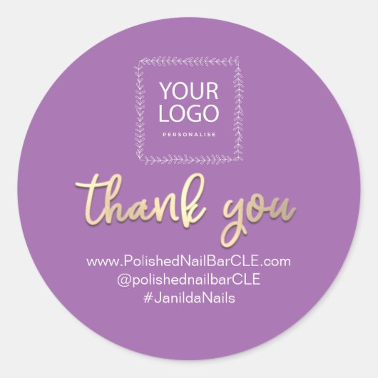 ロゴ会社名感謝ショッピング金ゴールド紫 ラウンドシール (正面)