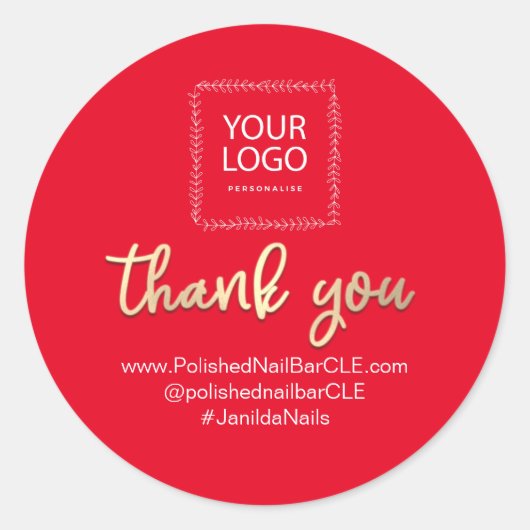 ロゴ会社名感謝ショッピング金ゴールド赤 ラウンドシール (正面)