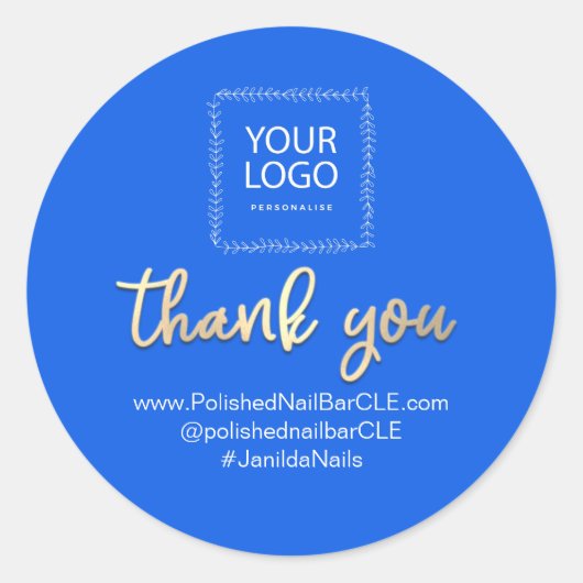 ロゴ会社名感謝ショッピング金ゴールド青 ラウンドシール (正面)