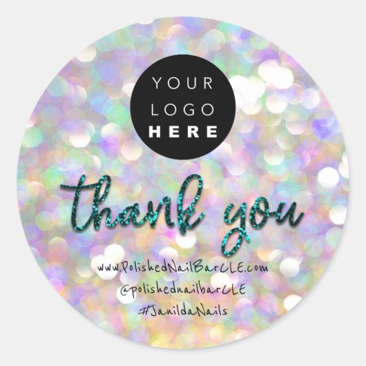 ロゴ会社名感謝ShoppingHoligraphTeal ラウンドシール (正面)