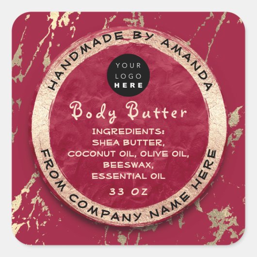 ロゴ体バールムバター化粧品金ゴールドルビーレッド スクエアシール (正面)