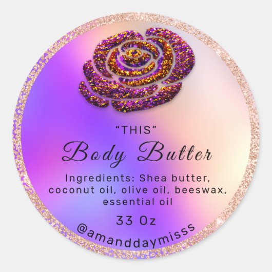 ロゴ体油バーム化粧品バラパープルグリッター ラウンドシール (正面)