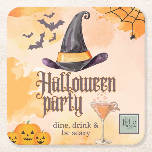 ロゴ入りキュートオレンジオフィスハロウィンパーティー スクエアペーパーコースター (正面)