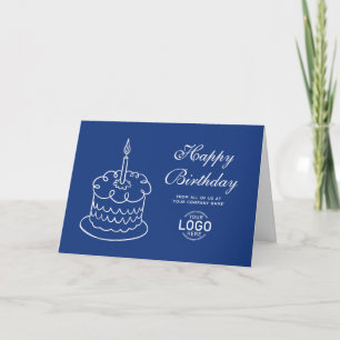ロゴ入りシンプル ネイビーブルー ホワイト ケーキ ビジネス 誕生日 カード