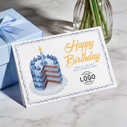 ロゴ入りビッグブルーヴィンテージケーキ ビジネス 誕生日 カード