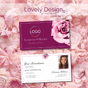 ロゴ入りフォトのエレガントなワインレッドとホワイトのピンクのバラ 名刺