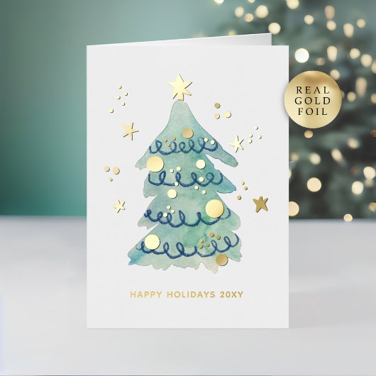 ロゴ入り手描きシンプルクリスマスツリービジネス 箔シーズンカード